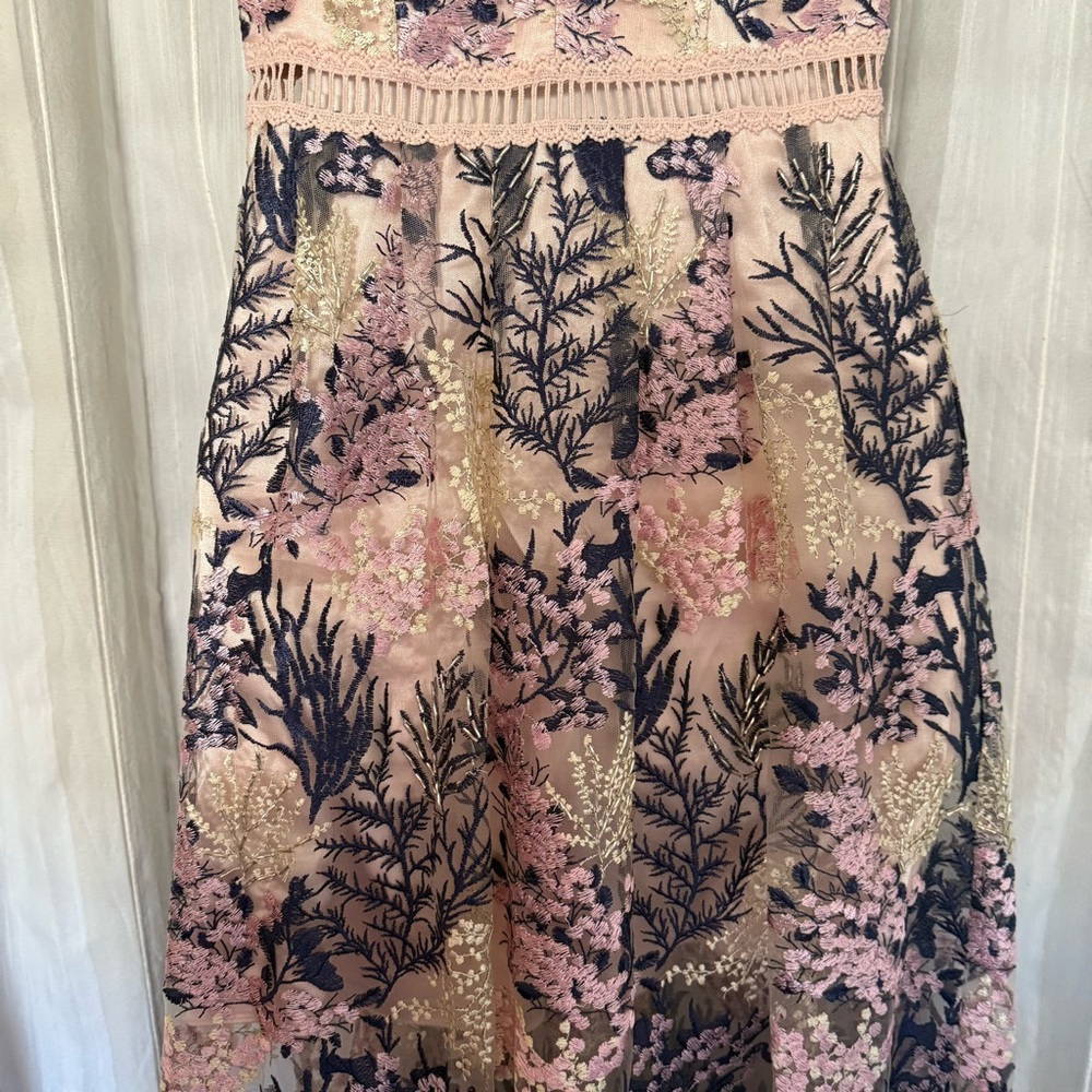 AQUA Embroidered Mesh Maxi Dress Blush Multi XS | Floral Lace Overlay Gown - Picture 6 of 12